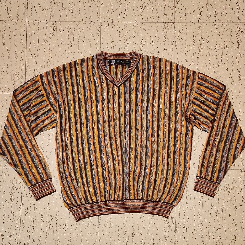 Tundra Multi Color Coogi Style Textured Knit V-Neck Pullover Sweater Vintage Y2K